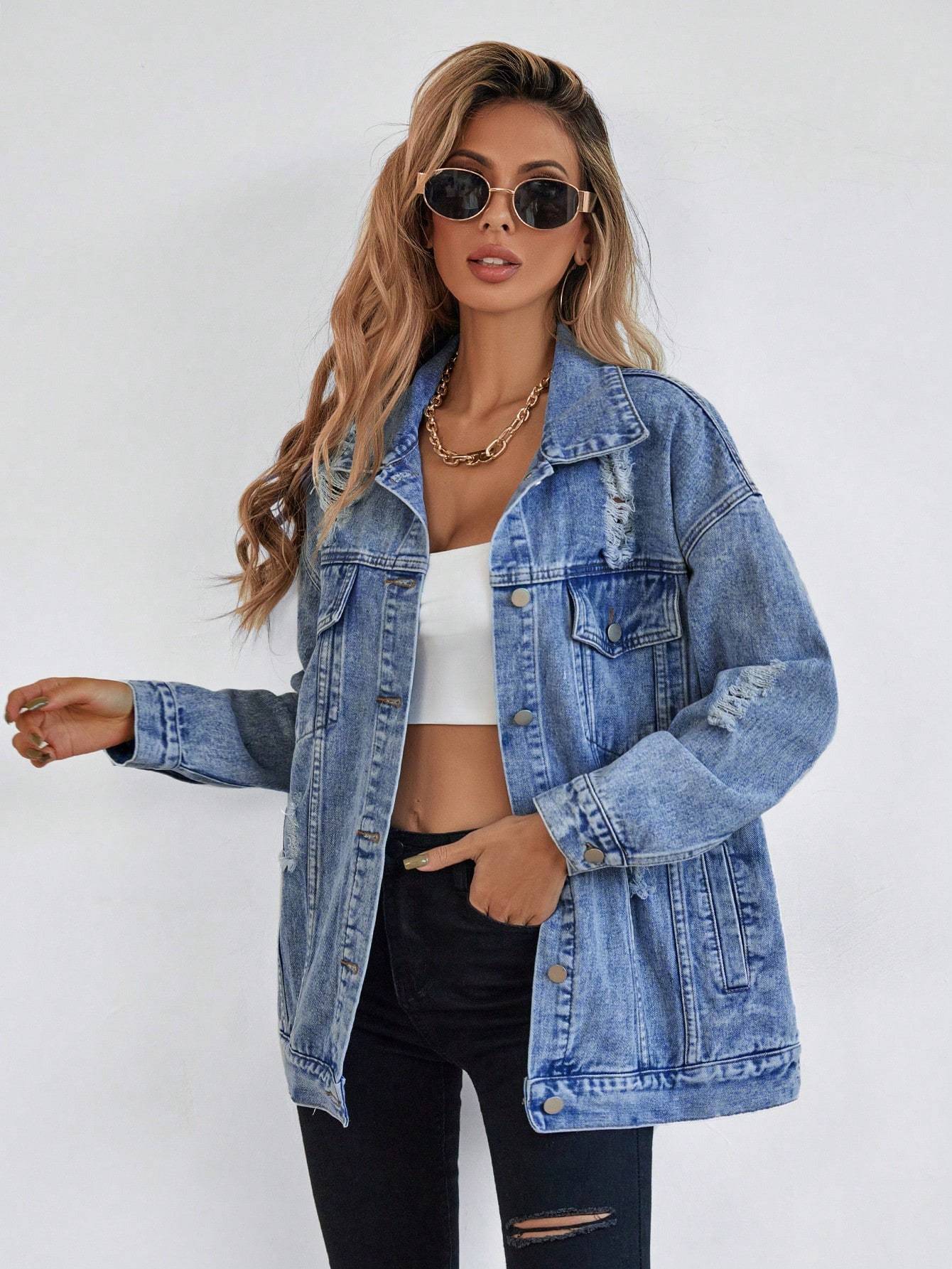 Blue denim women’s jacket – drop-shoulder silhouette side view