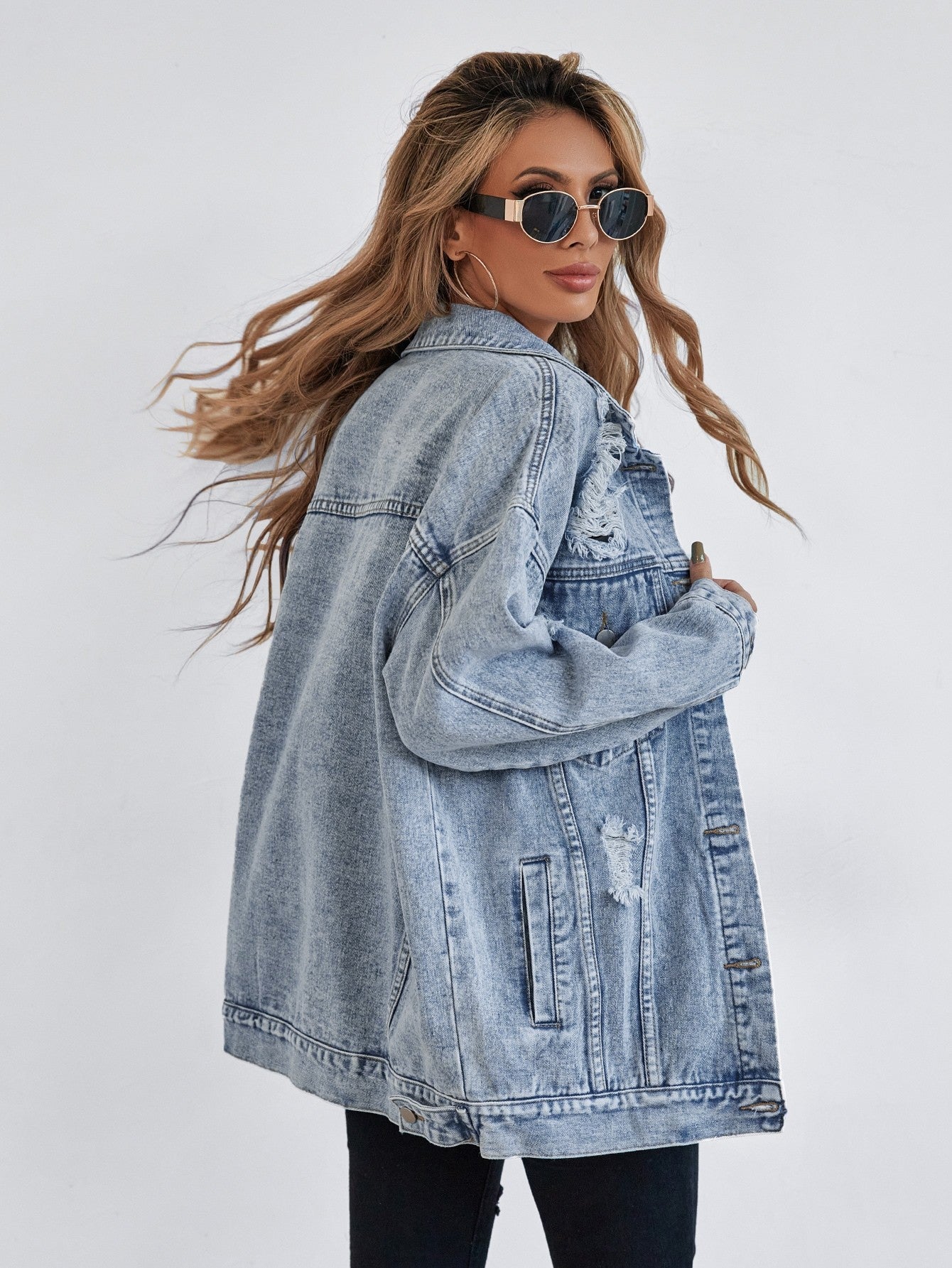 Blue denim women’s jacket – styled with white tee and jeans