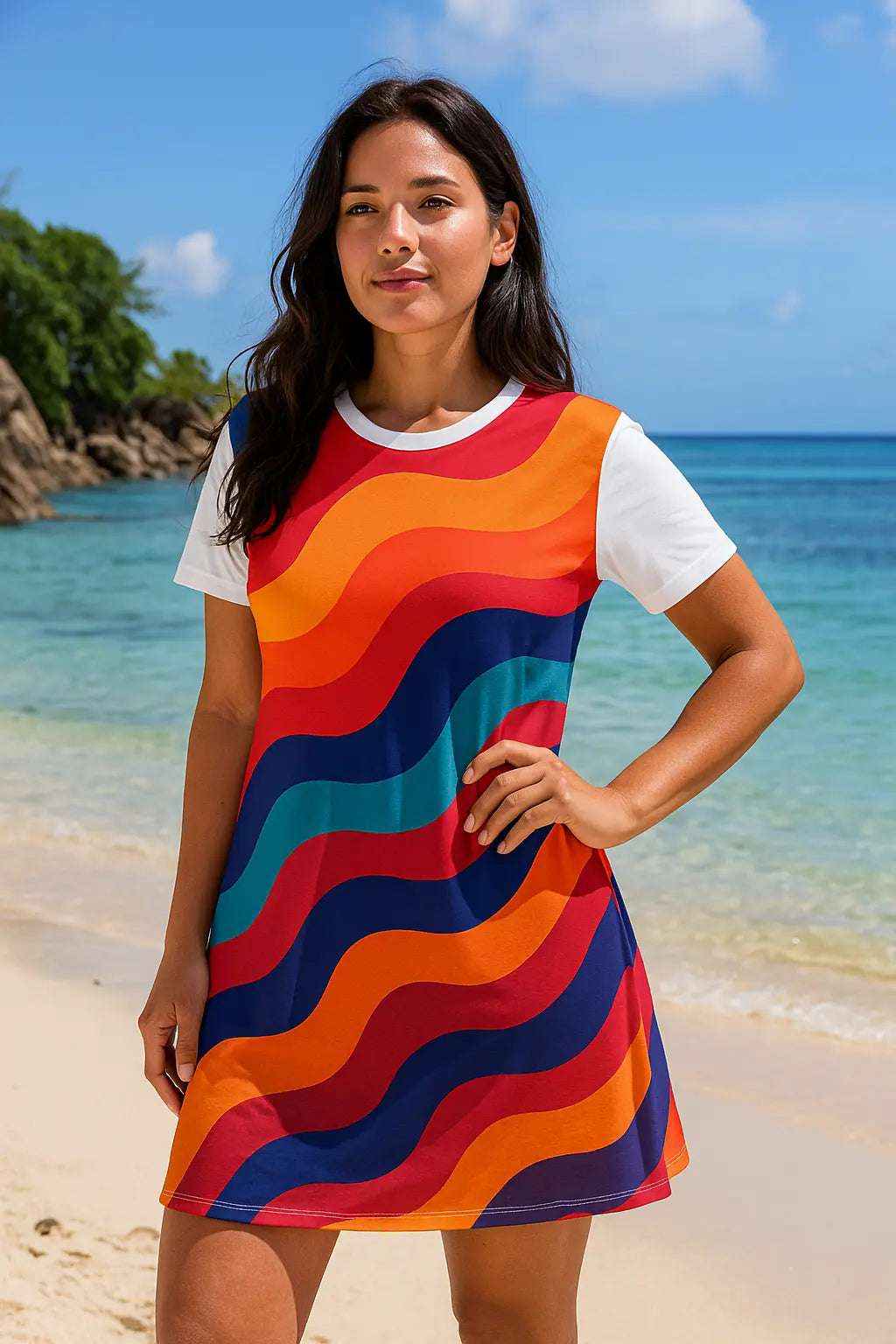 Vibrant Wave T-Shirt Dress – Boho Style for Summer Fun