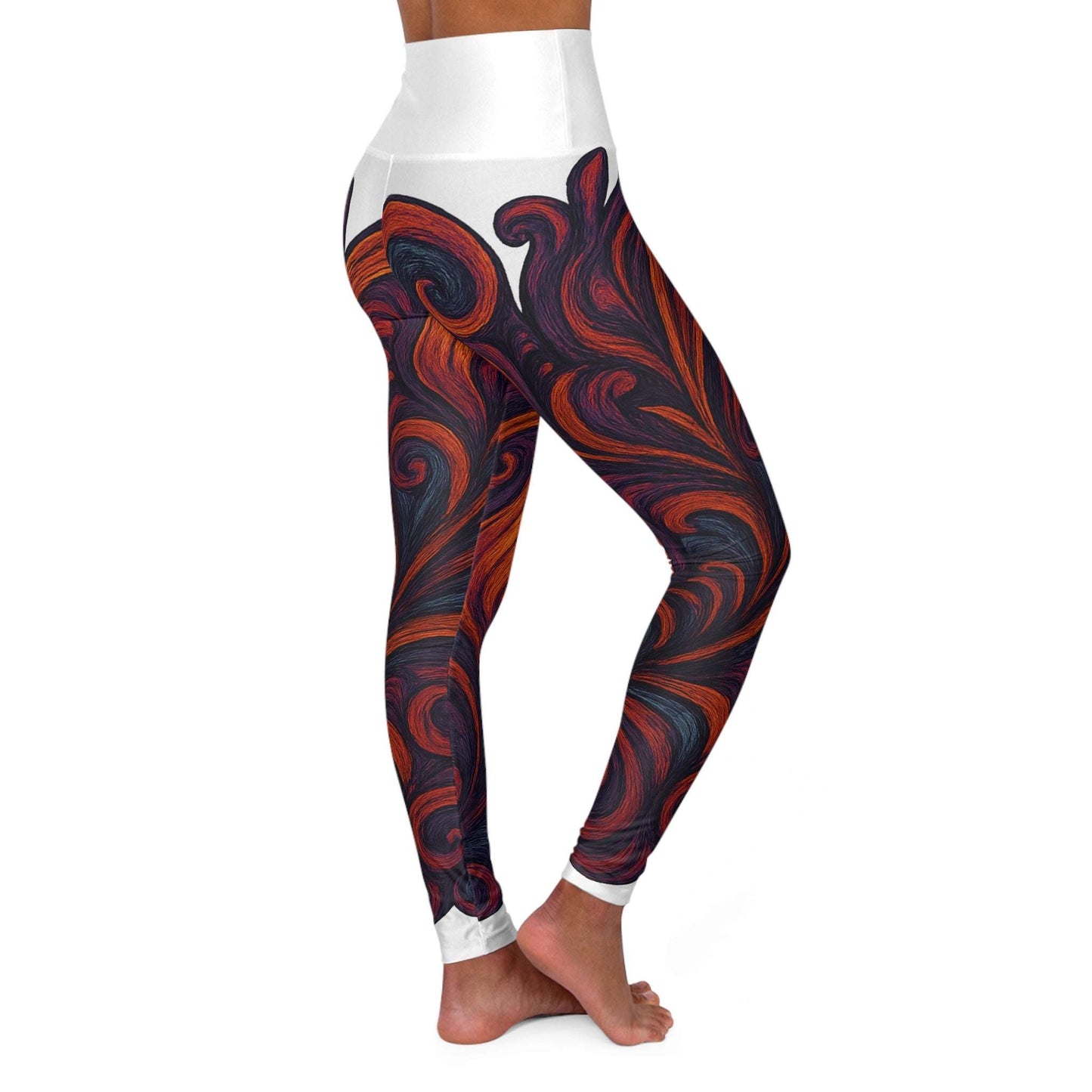 High waisted yoga leggings with red and black swirl design
