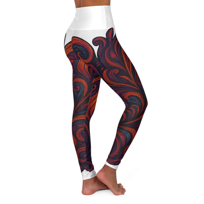 High waisted yoga leggings with red and black swirl design