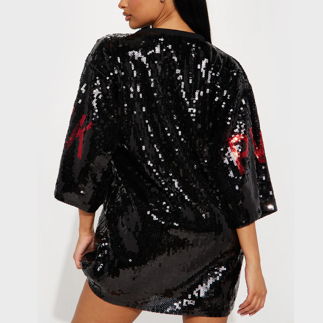 Bold Pink Glitter Letter Embroidery Skirt Dress – Polyester Mid-Length Urban Edge