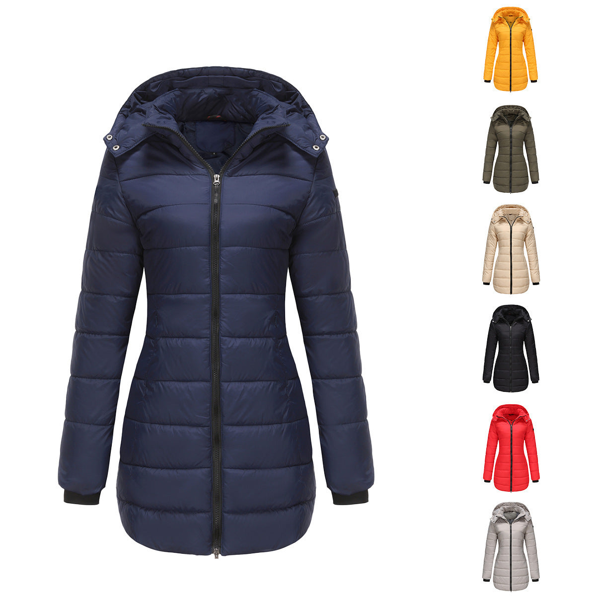 “Bold Red Waterproof Cotton-Padded Women’s Jacket on Rainy Day Streets”

