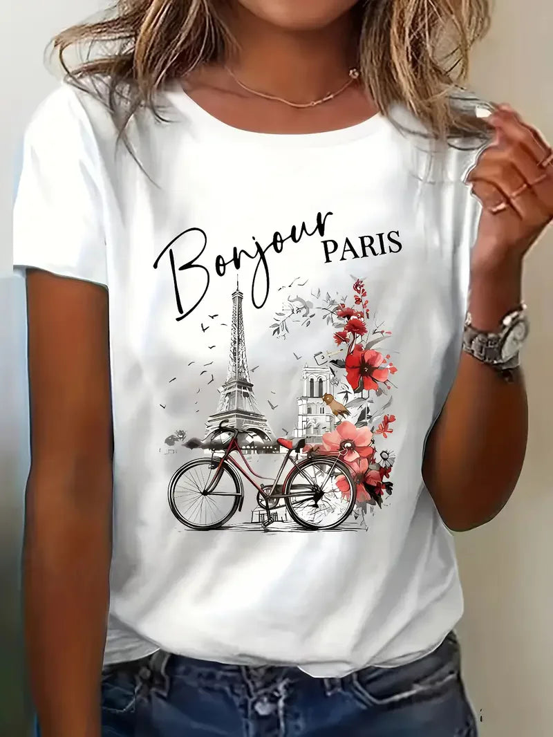 Bonjour Paris T-Shirt – Casual short sleeve graphic top styled with jeans