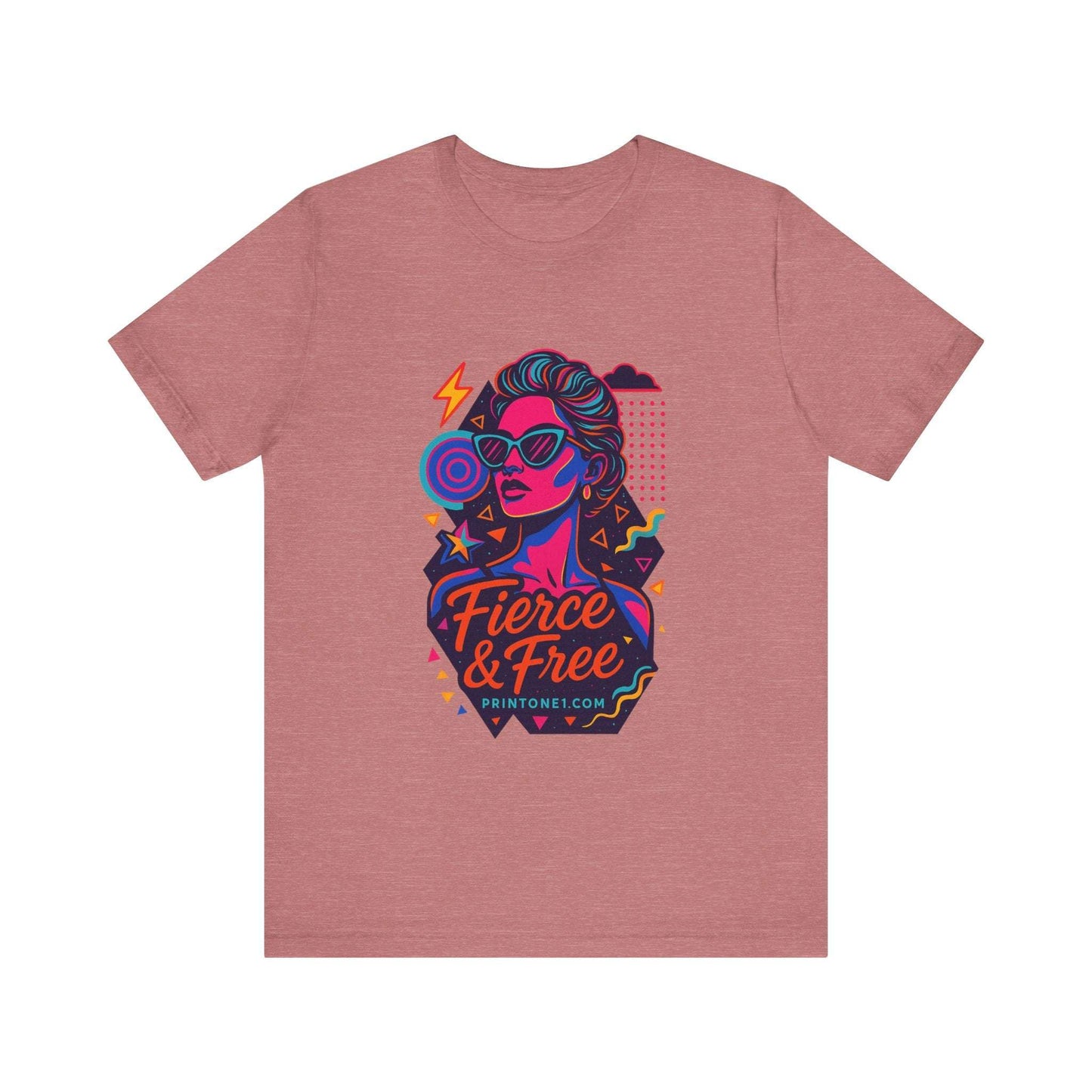 Pink unisex tee with bold colorful graphic and text