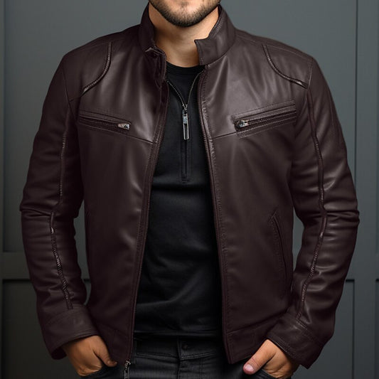 Brown men’s motorcycle leather jacket – durable PU, everyday ride