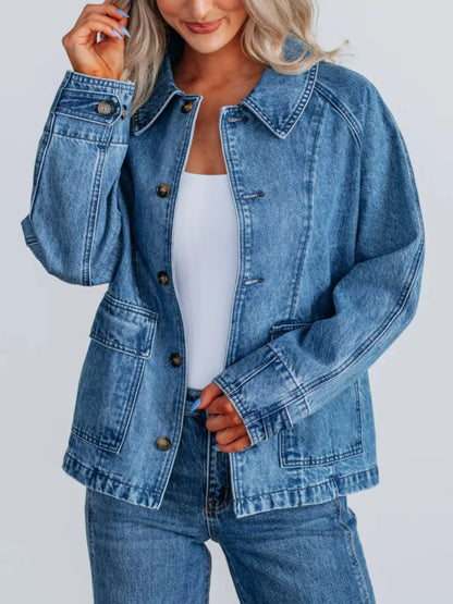 Button Up Raglan Sleeve Denim Women’s Jacket – Collar and buttons macro