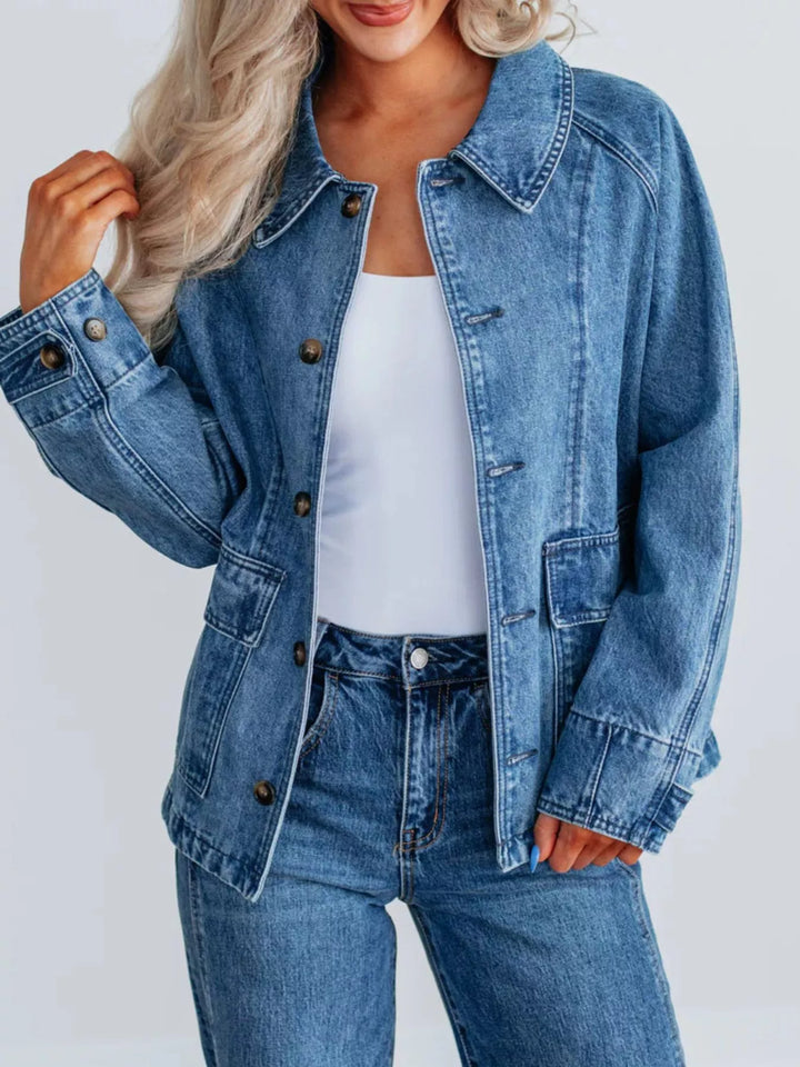Button Up Raglan Sleeve Denim Women’s Jacket – Side profile, washed finish