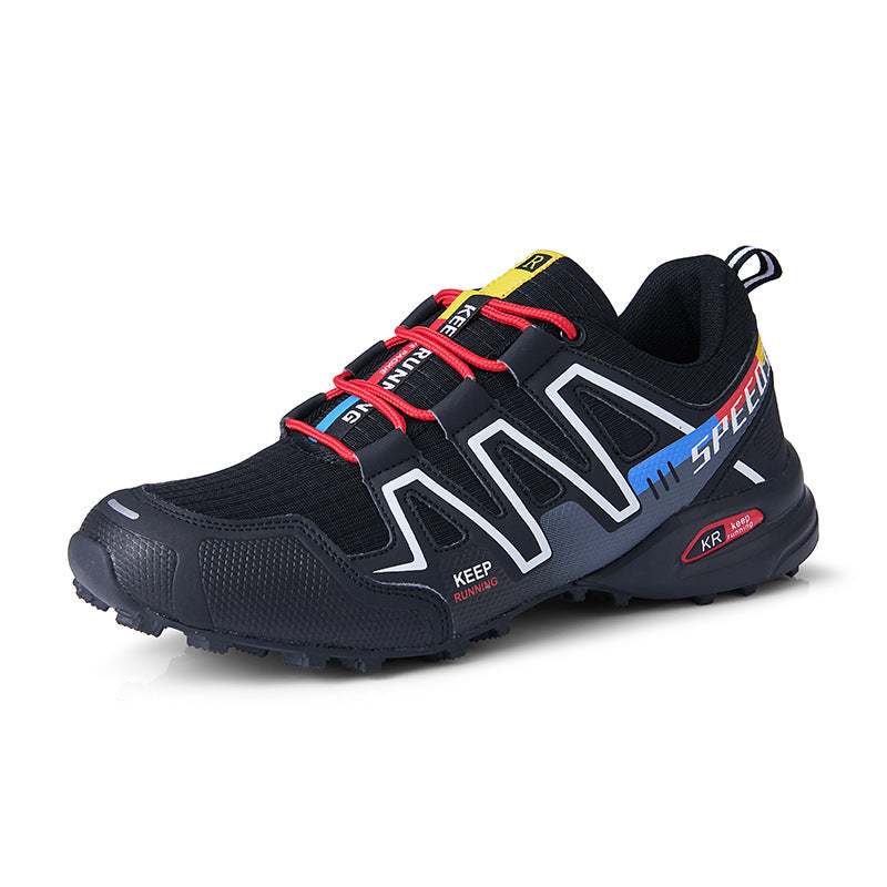 Black athletic shoe side view with red laces, blue accent and rubber outsole