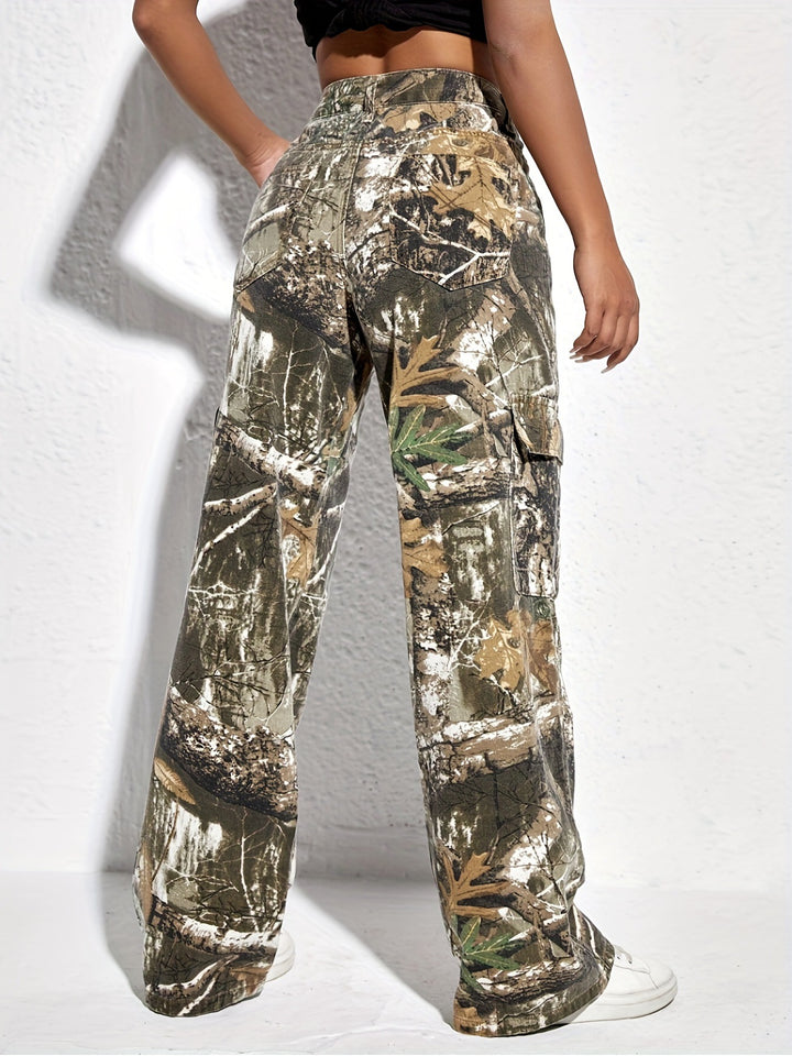 Wide Leg Camouflage Pants for Women - Denim Cargo Style