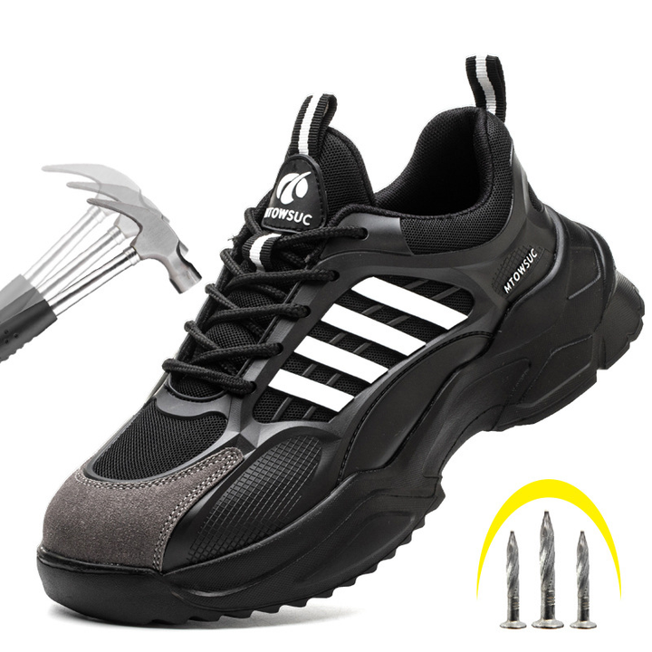 Unisex safety shoes in Black / White with low-cut flyknit upper and lace-up closure
