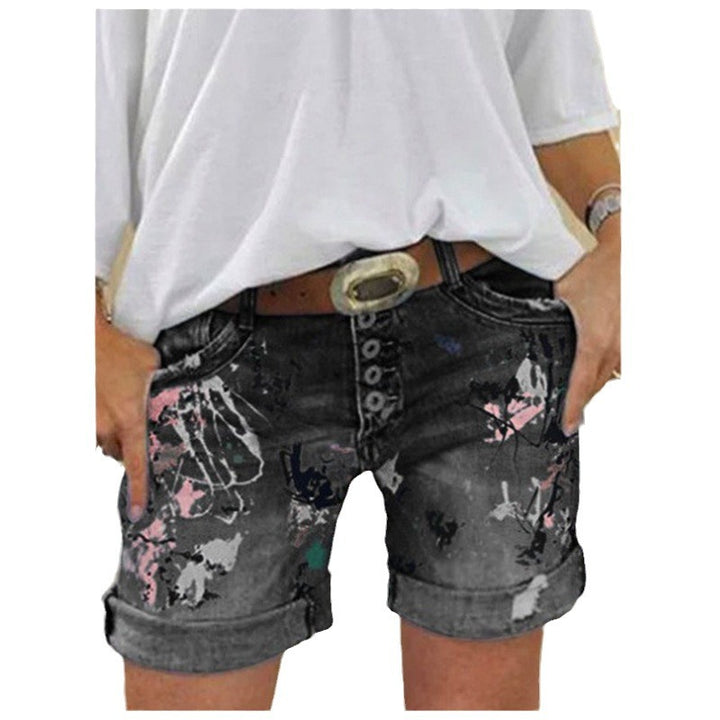 Light blue denim shorts for women with high waist, printed detail, button closure and slight stretch for casual daily outfits