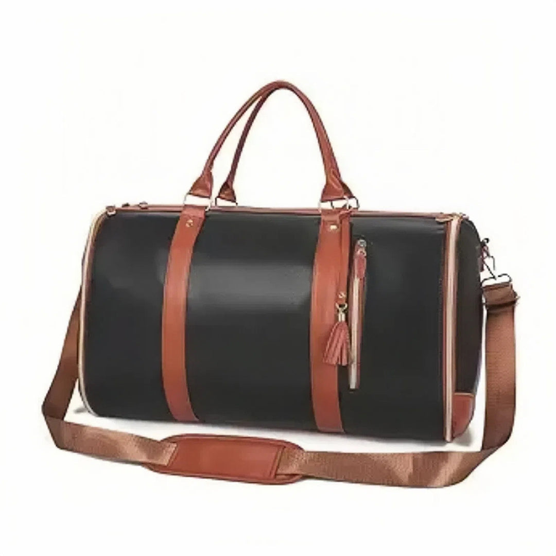 Travel bag with zipper closure, woven exterior detail and adjustable strap for business trip packing and travel organization.