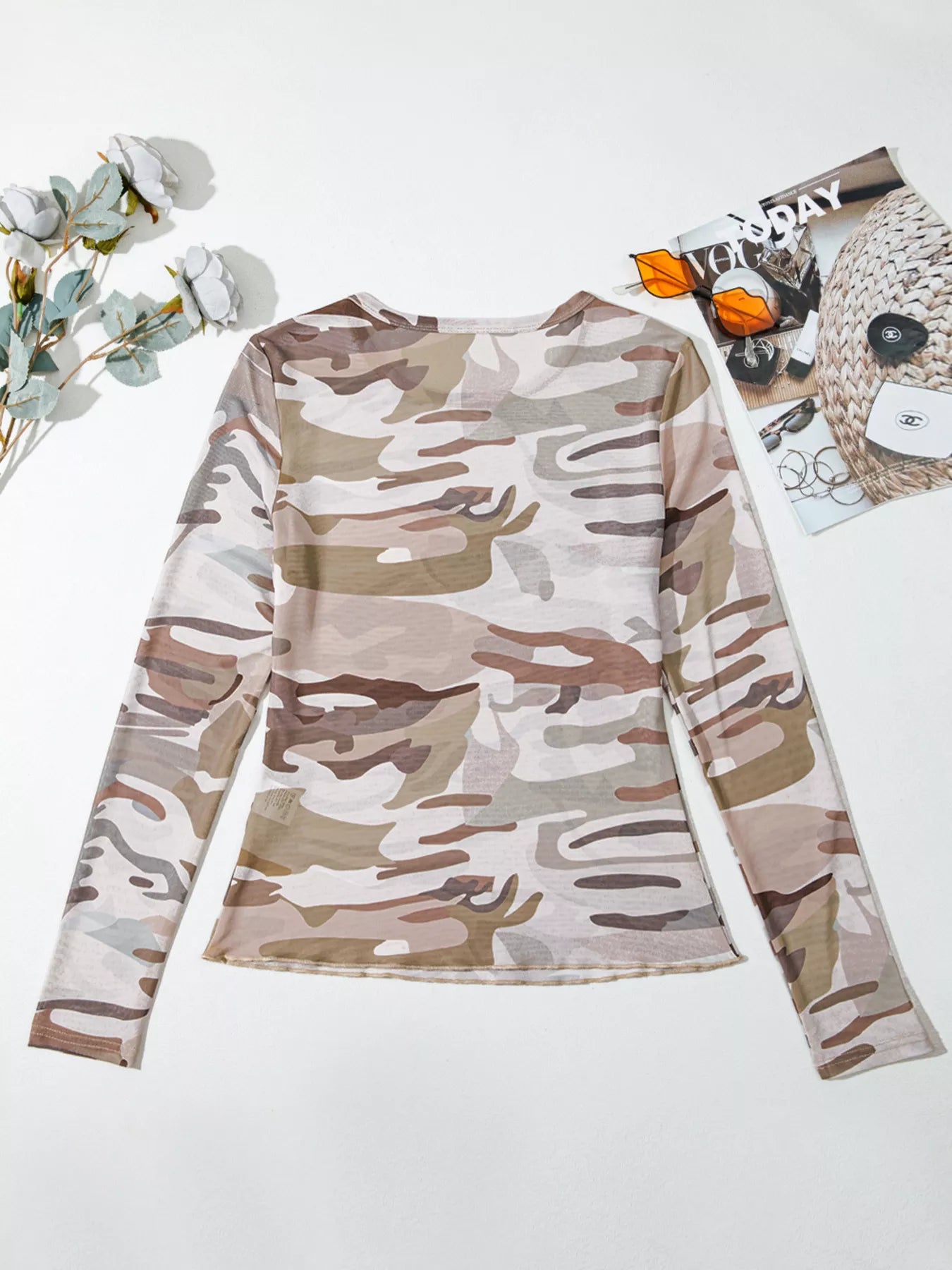 Camouflage Mesh Long Sleeve Top – styled with denim