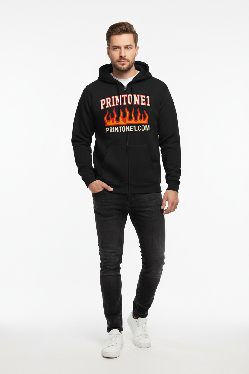 Man wearing a black hoodie with &