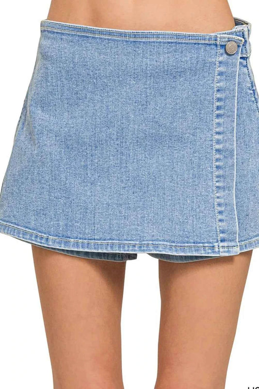 Wrap Denim Mini Skirt - Light Wash, Flattering Fit