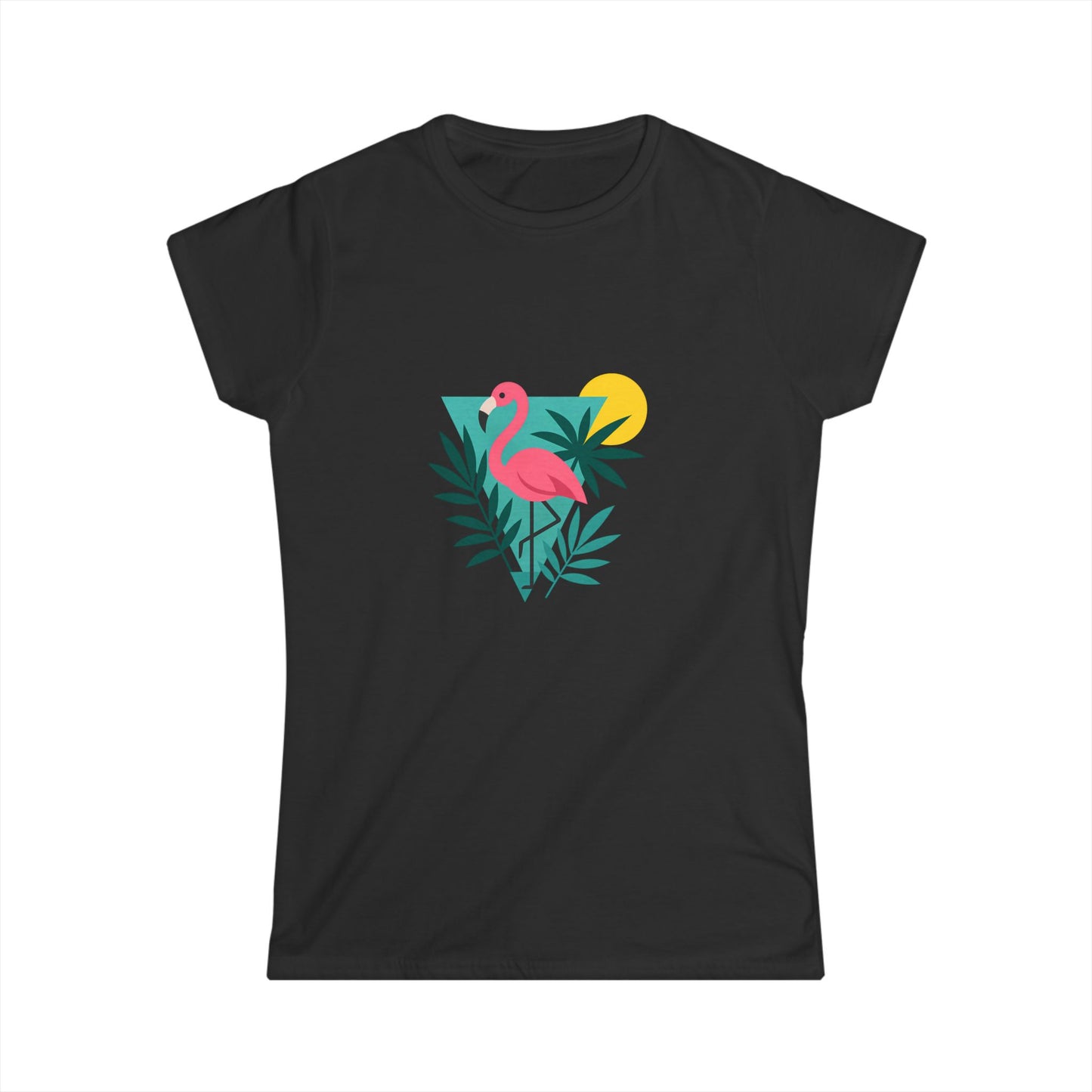 Black women's tee with pink flamingo and tropical print