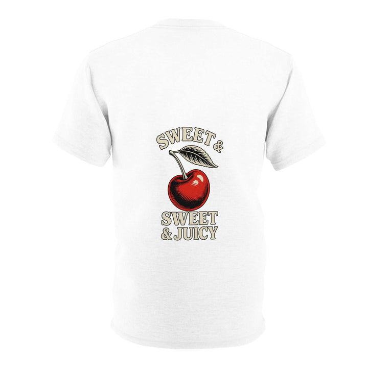 White unisex tee with red cherry and text design