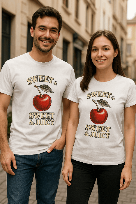 Unisex white tee with large red cherry and text design