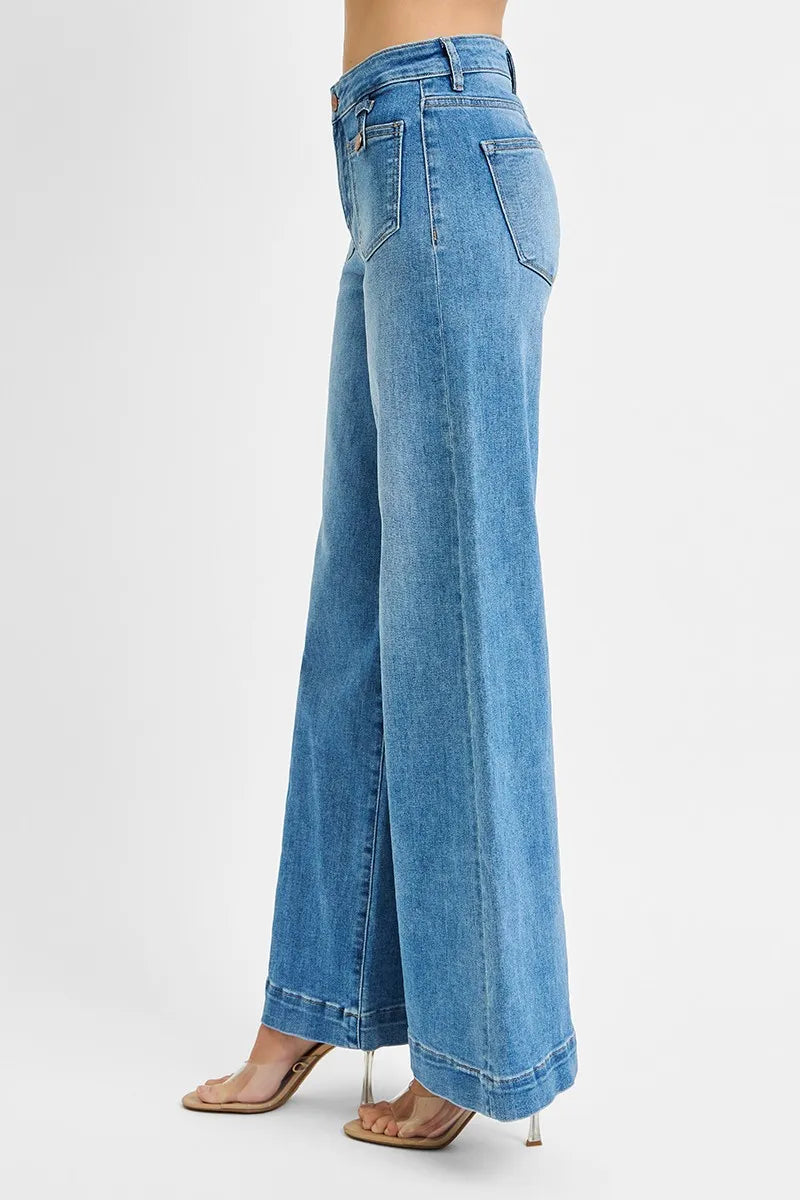 “Classic button-and-zip closure secures your style in plus-size wide-leg jeans.”


