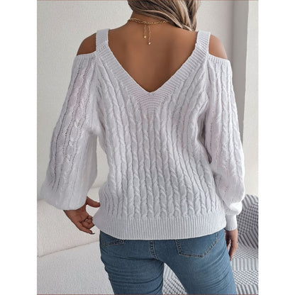 Close-Up: Soft Acrylic Fabric of Off-Shoulder Lantern Sleeve Sweater for All-Day Wear 