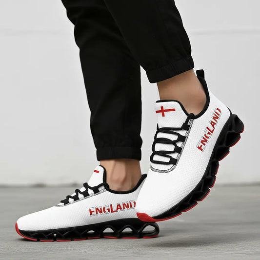 Close-Up of Breathable Fabric Upper on Men's England Flag Sneakers – Cushioned Comfort Meets British Pride