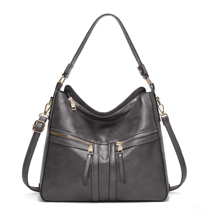 Close-Up of Double Zipper Detail on Women's Trendy Double Zipper Soft Leather Large Capacity Tote