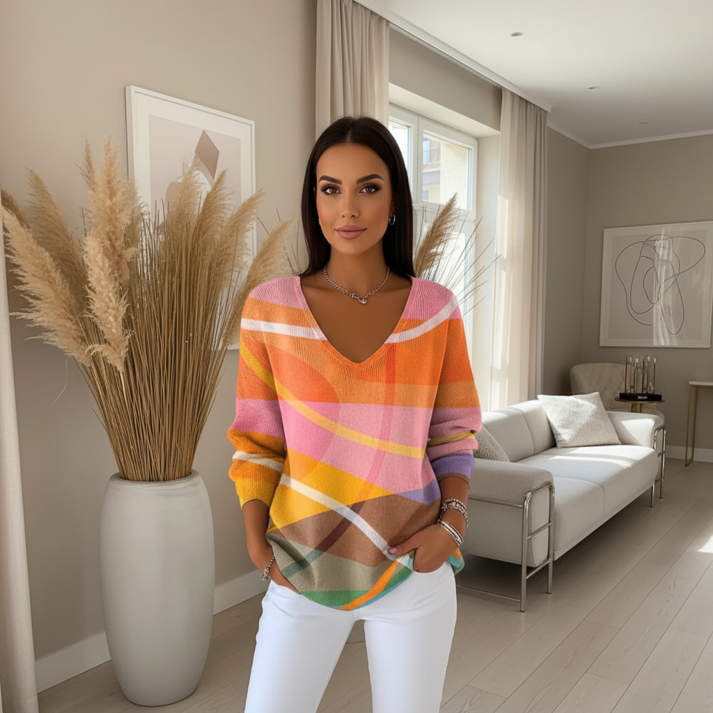 Women's Gradient Color V-neck Long-sleeved T-shirt
