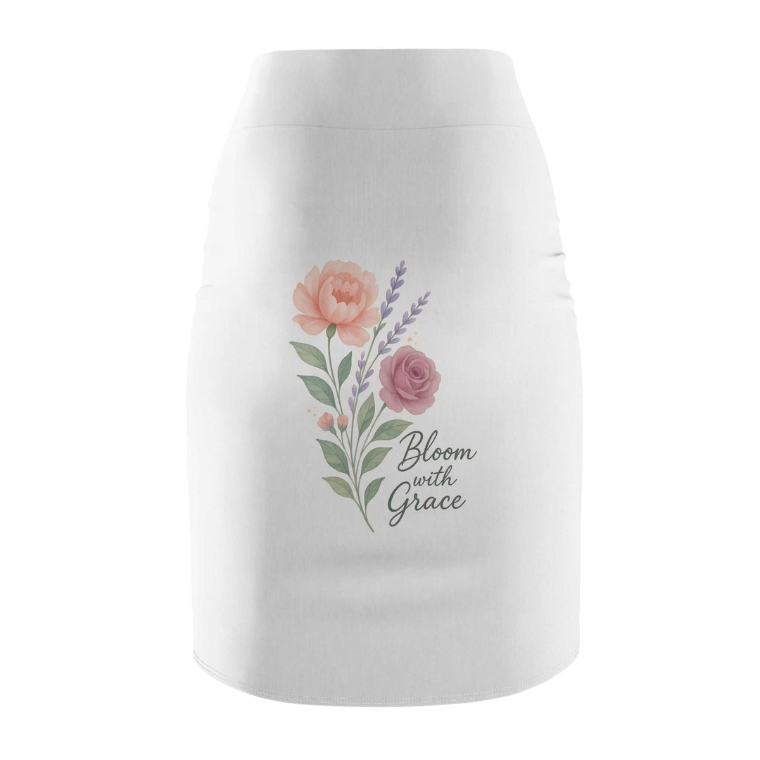 White pencil skirt with floral design and Bloom text