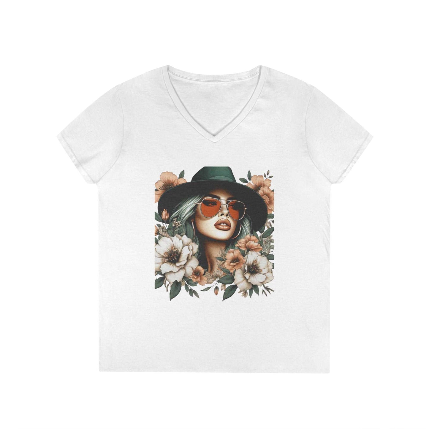 White women's V-neck t-shirt with floral woman print