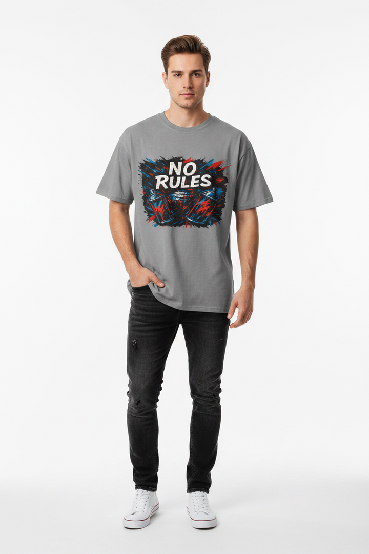 Model wearing the No Rules tee with jeans for an easy streetwear look