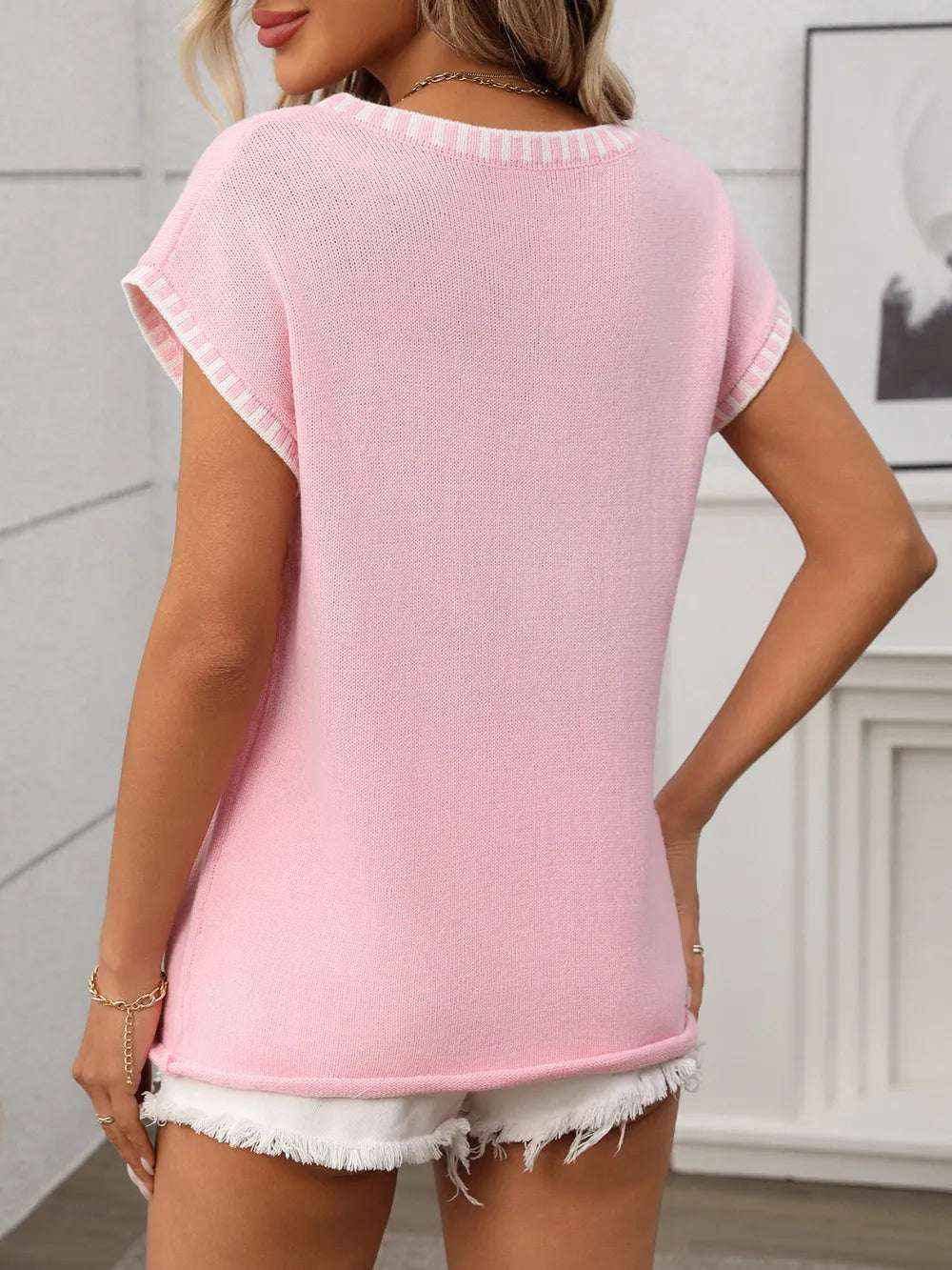 Contrast Trim V-Neck Knit Top for Women