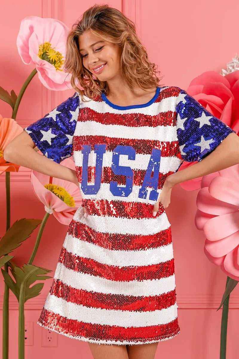 USA Flag Sequin Dress - Patriotic Sparkle for July 4th