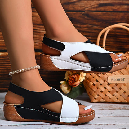 Close-up: colorblock wedge sandals – soft PU upper, neat stitching