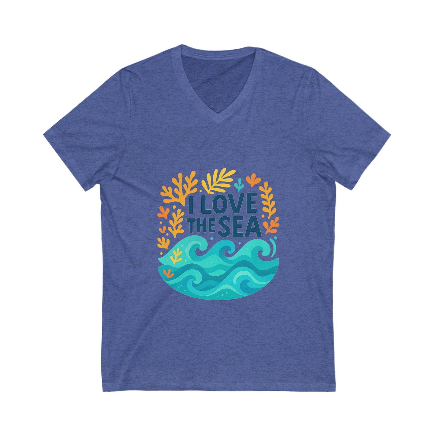 Close-up of “I Love the Sea” design on cotton v-neck tee, perfect for ocean enthusiasts

