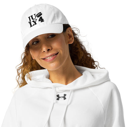 Close-up of a woman smiling in a red Unisex Under Armour® Dad Hat, man beside her in a white Unisex Under Armour® Dad Hat

