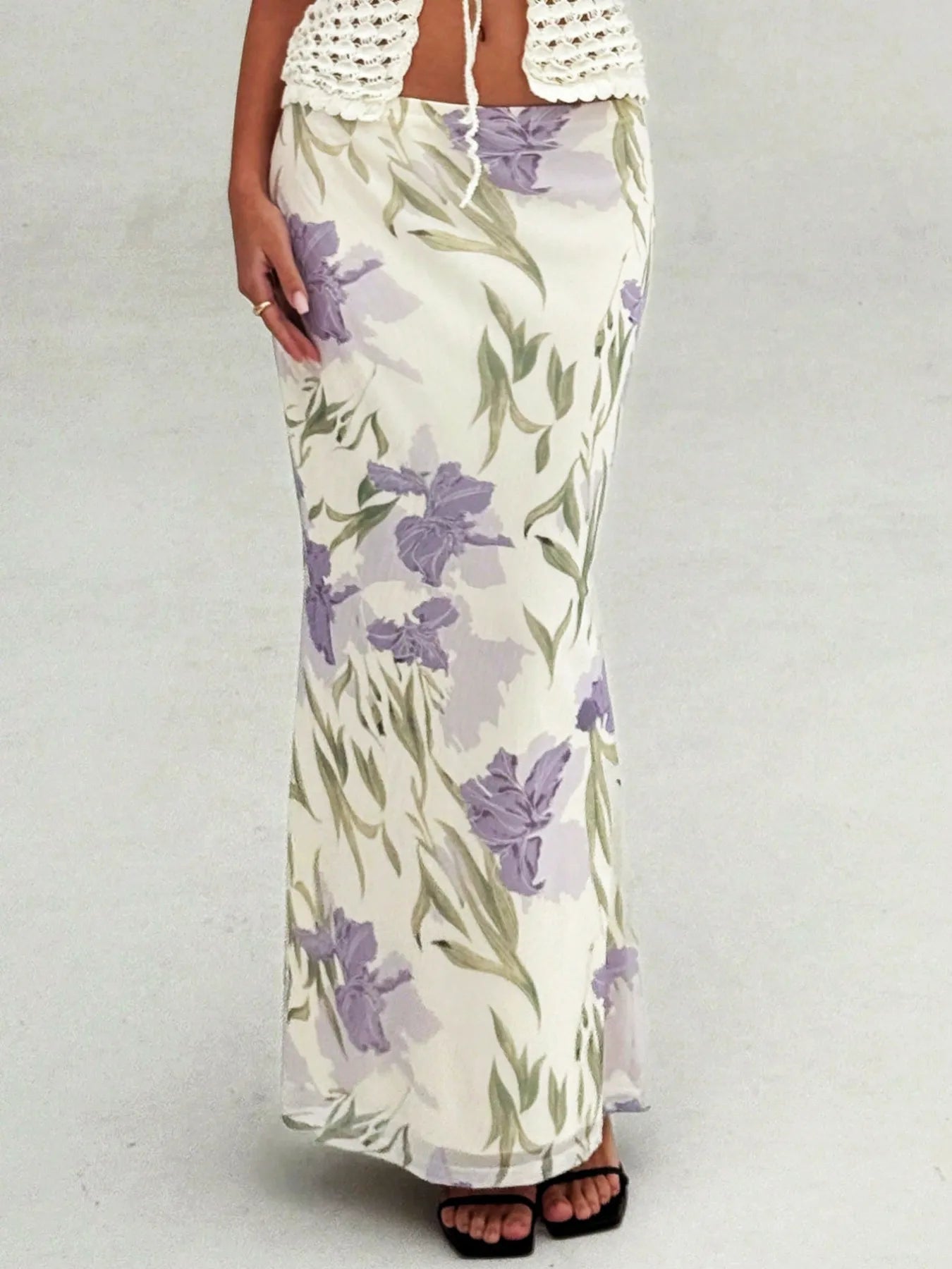 Close-up of floral detail on breezy maxi wrap

