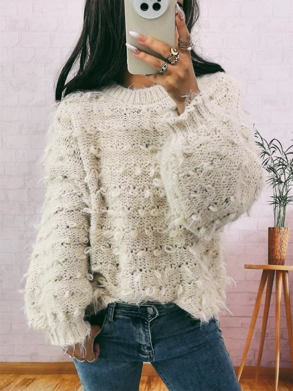 Close-up of knit texture – Chunky Round Neck Women’s Sweater drape and feel