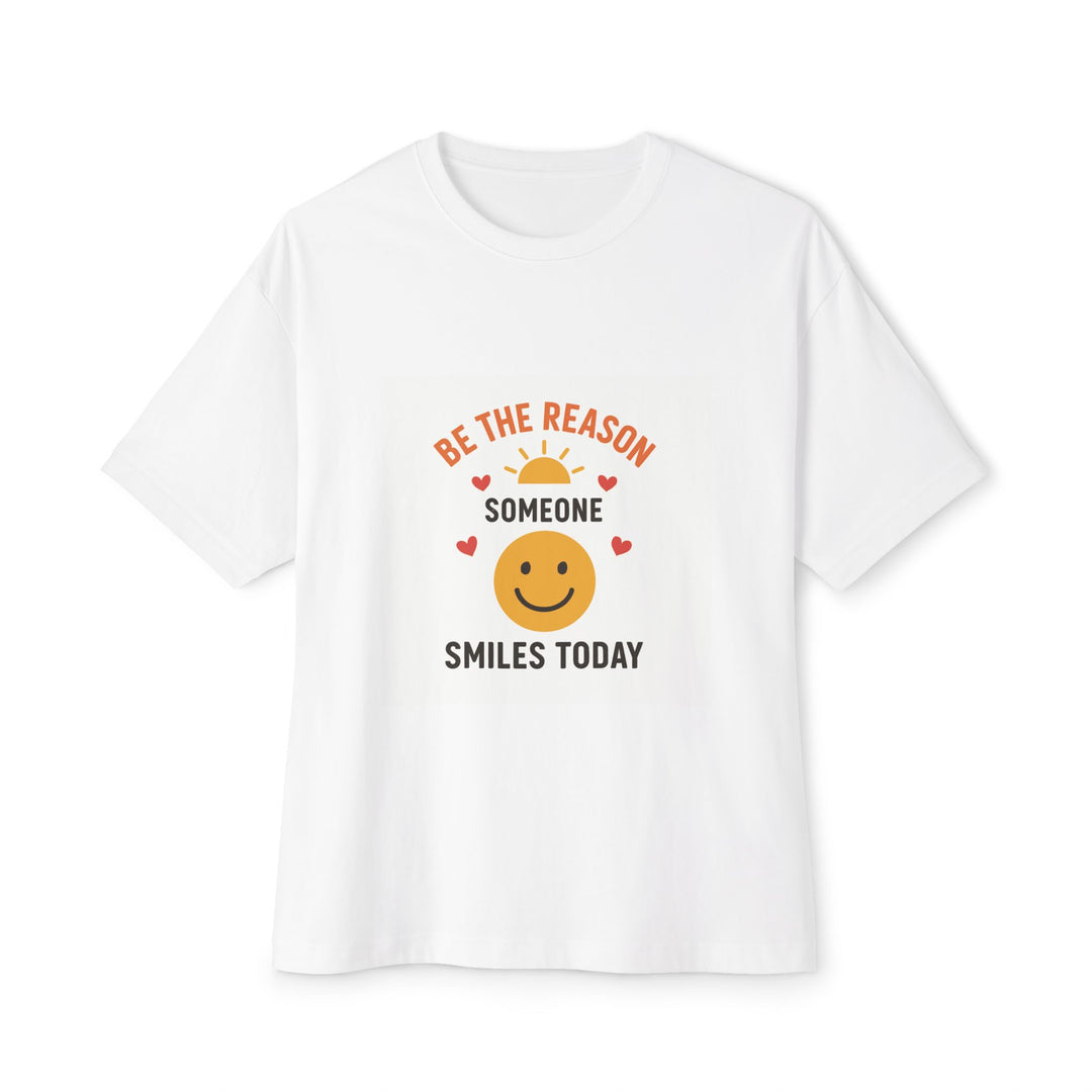 White oversized tee with smiley face and positive quote