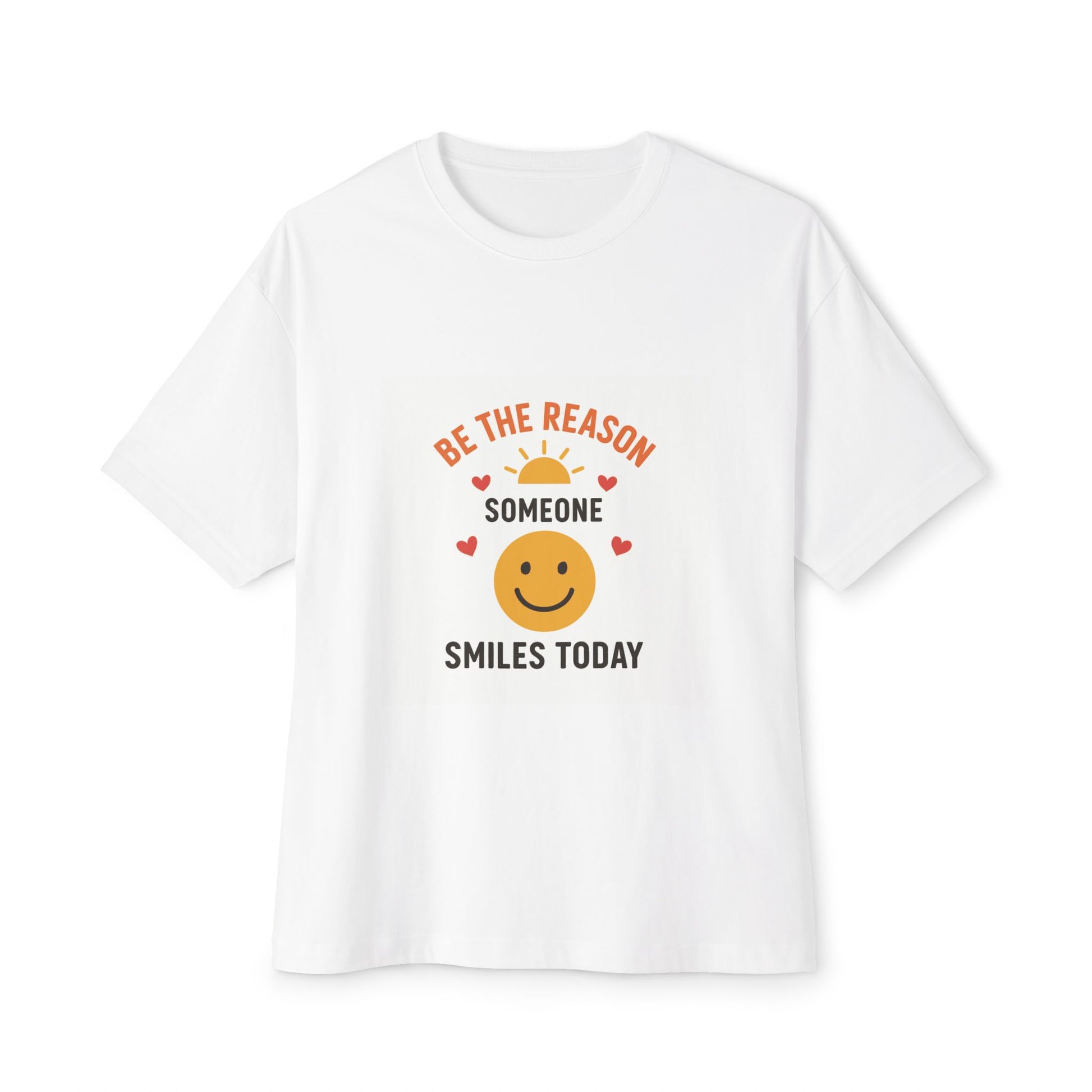 White oversized tee with smiley face and positive quote