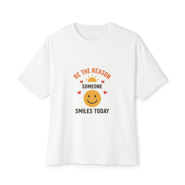 White oversized tee with smiley face and positive quote
