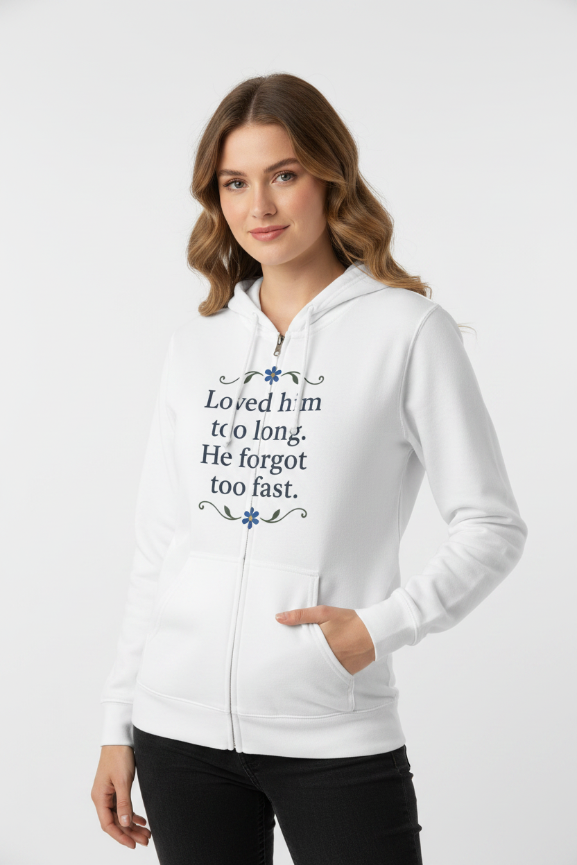 Front view of unisex zip hoodie with an inspirational quote and relaxed everyday fit