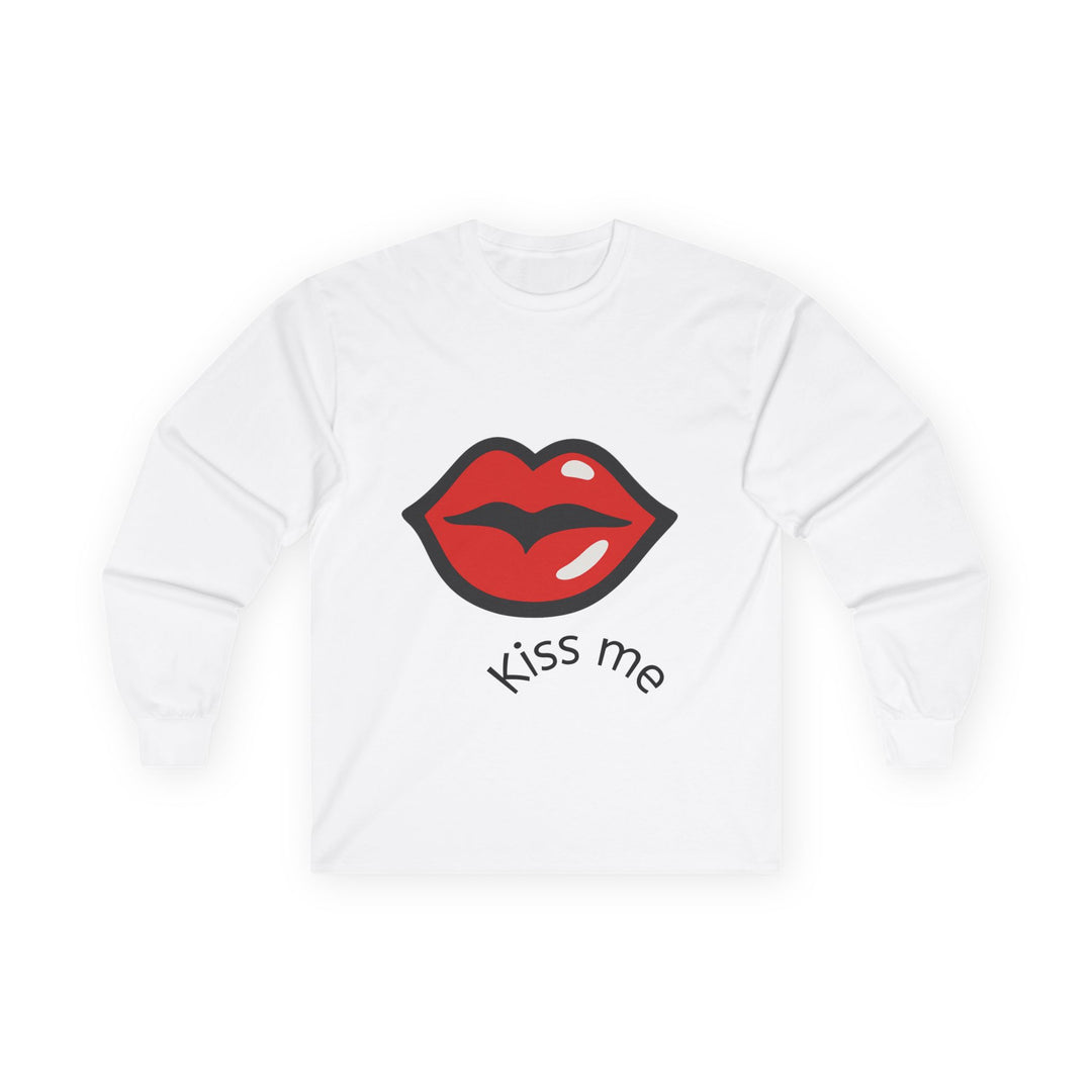 White long sleeve tee with red lips and Kiss Me text