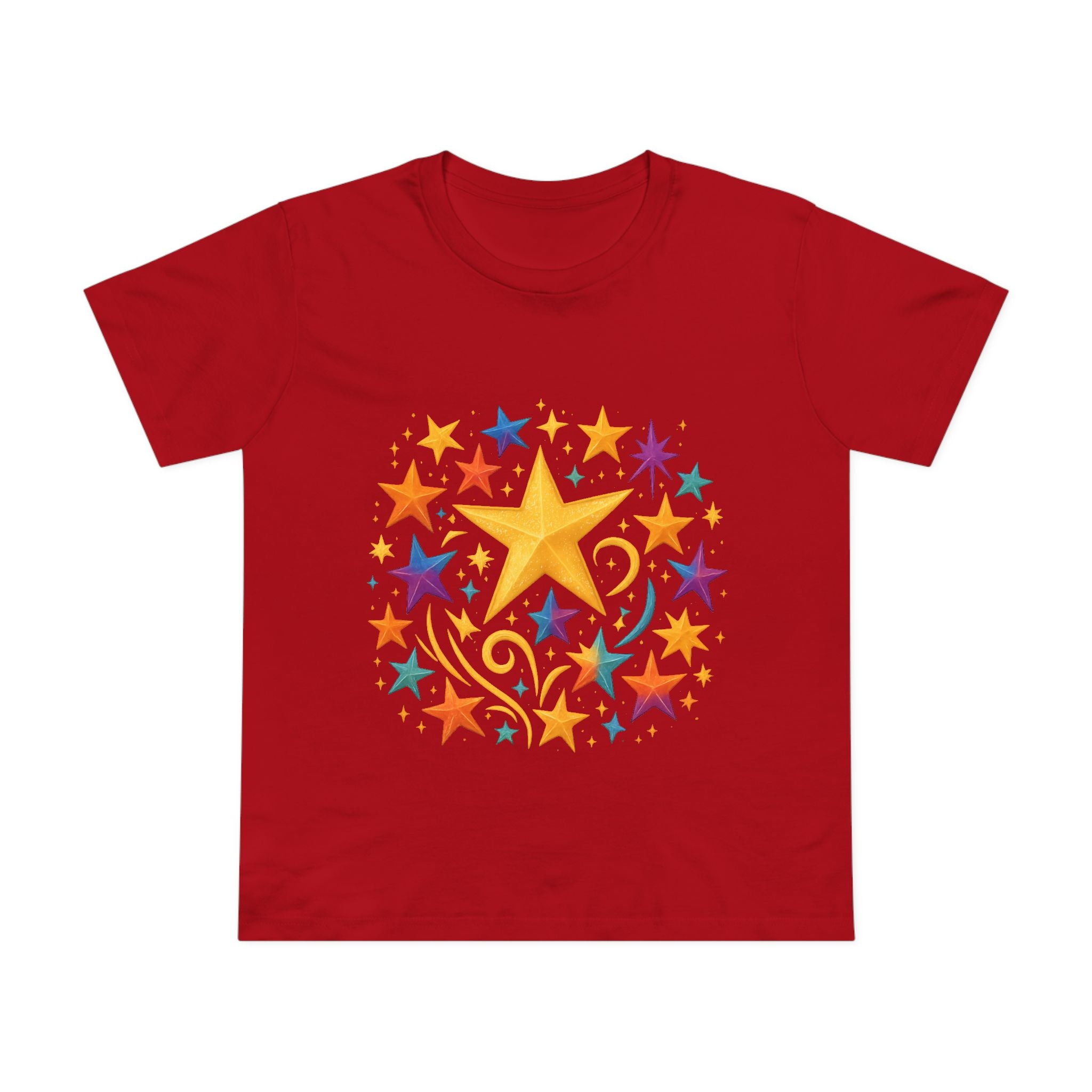 Close-up of star print on breathable 100% combed cotton tee

