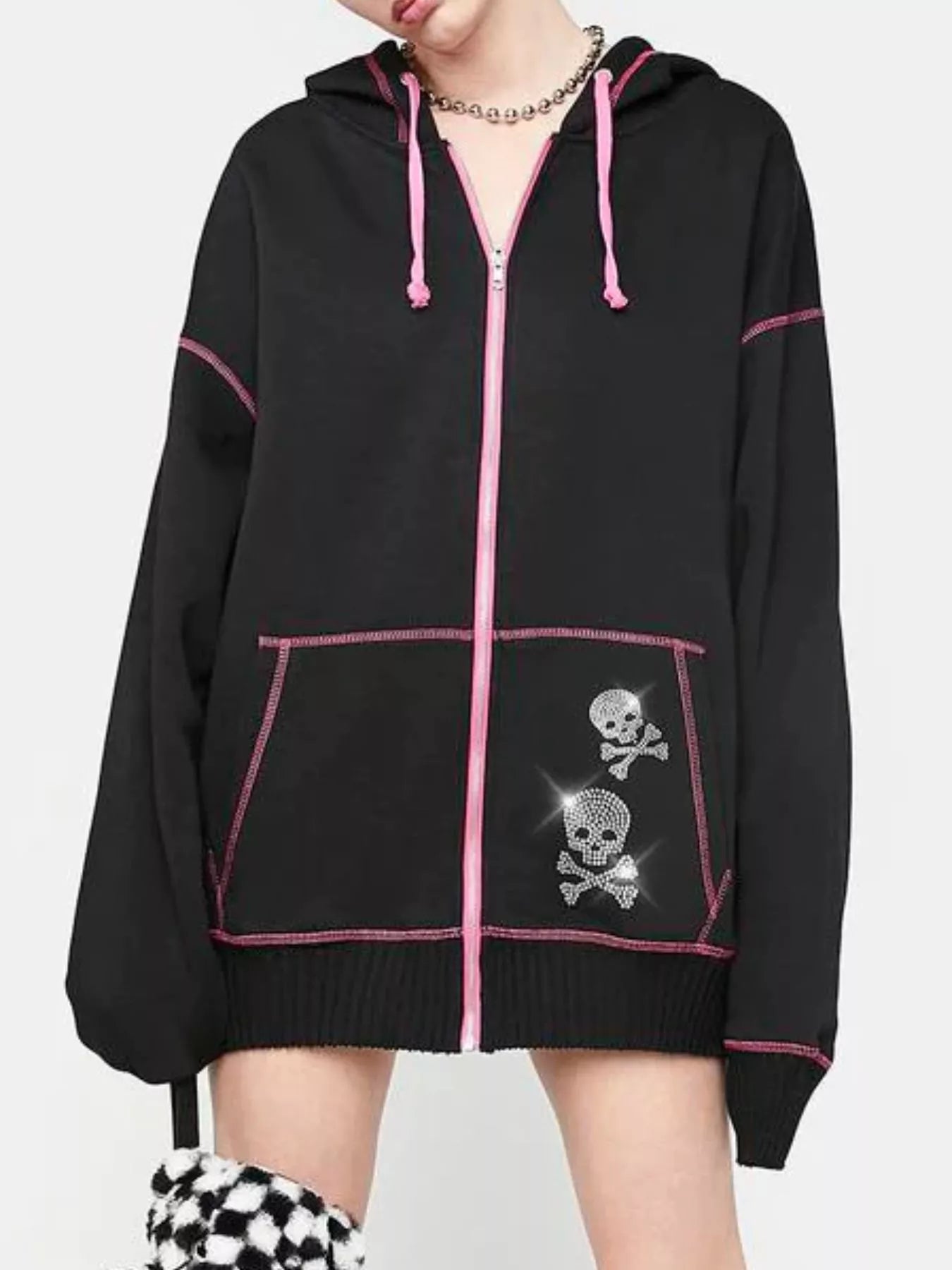 Close-up of zipper and drawstring on Women's Halloween Zip-Up Drawstring Hoodie, made from 100% polyester for durable, machine-washable wear.