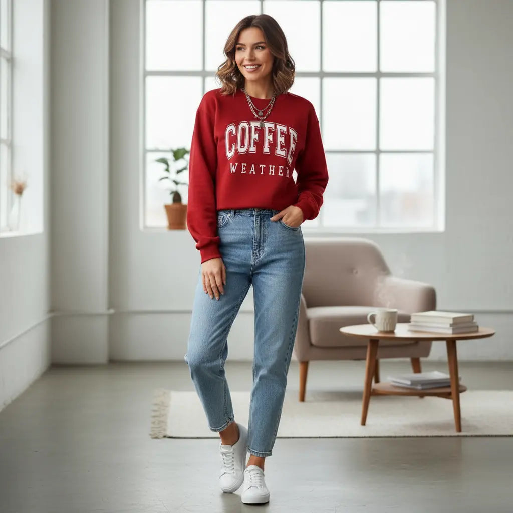 "Coffee Weather Sweatshirt Women worn by model in outdoor autumn setting with fall leaves"

