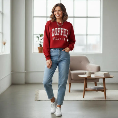 "Coffee Weather Sweatshirt Women worn by model in outdoor autumn setting with fall leaves"

