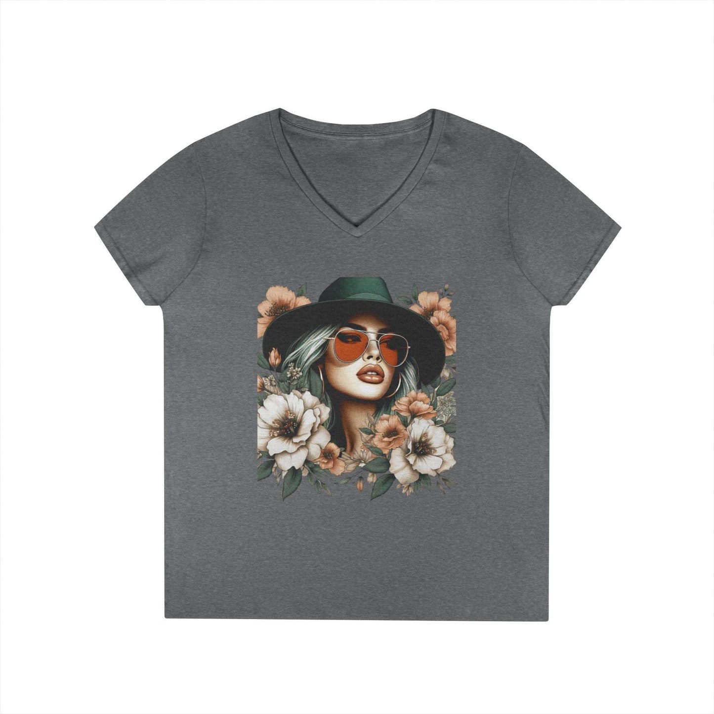 Gray women's V-neck t-shirt with floral woman graphic