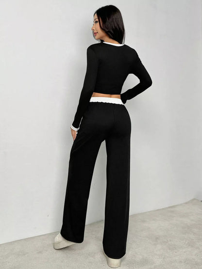 Contrast Trim Crop Top and Wide Leg Pants Set fabric close-up