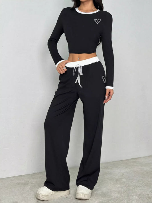Contrast Trim Crop Top and Wide Leg Pants Set side angle